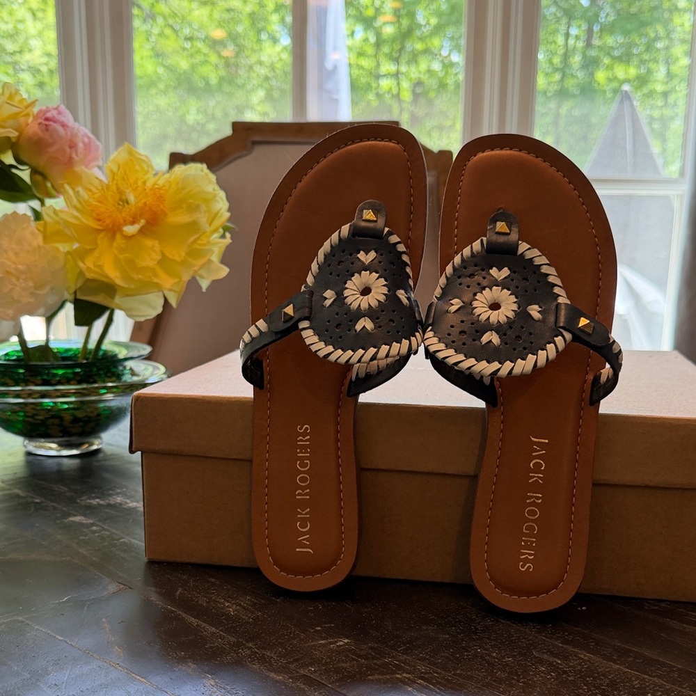 Jack Rogers Women’s Navy Sandals with White Stitching